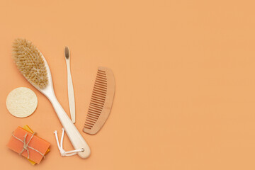 Bathroom accessories with zero waste, natural bristle brush, wooden toothbrush, bars of solid soap,...