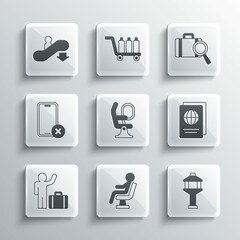 Set Human waiting in airport terminal, Airport control tower, Passport, Airplane seat, Tourist with suitcase, No cell phone, Escalator down and Lost baggage icon. Vector