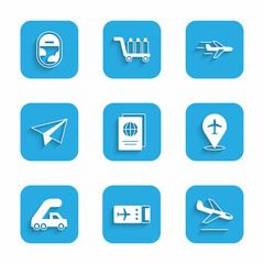 Set Passport, Airline ticket, Plane landing, Passenger ladder for plane boarding, Paper airplane, and Airplane window icon. Vector