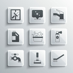 Set Rubber plunger, Brush for cleaning, Air freshener spray bottle, Basin with soap suds, Water tap, Bottle agent, cleaner windows and icon. Vector