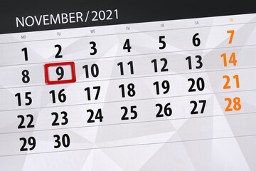 Fototapeta premium Calendar planner for the month november 2021, deadline day, 9, tuesday