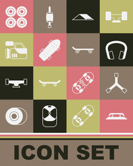 Set Skateboard stairs with rail, Y-tool, Headphones, park, Cinema camera, wheel and icon. Vector