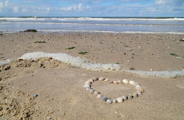 a heart made of seashells on the beautiful beach of Baltrum Island in the North Sea (Germany)