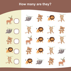 How many are they game. Counting animals for preschool. Cute math worksheet. Educational printable math worksheet. Count the animals in the picture and write the result.
