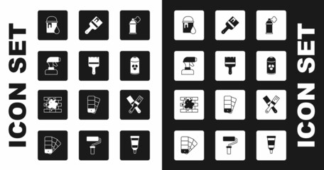 Set Paint spray can, brush, gun, bucket, and Painting the house icon. Vector