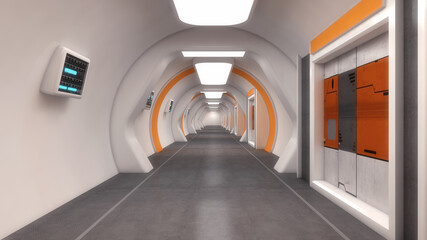 3d render. Futuristic spaceship corridor interior design