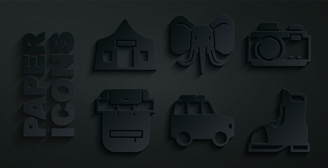 Set Car, Photo camera, Hiking backpack, Hunter boots, Elephant and Tourist tent icon. Vector