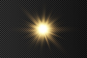 Glow bright light star, yellow sun rays.