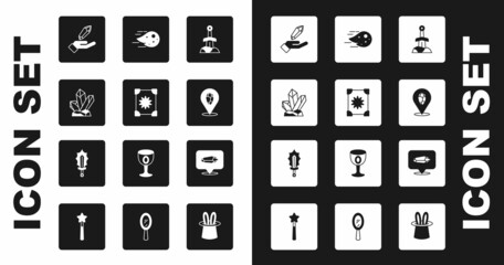Set Sword in the stone, Ancient magic book, Magic, Fireball, and sword fire icon. Vector