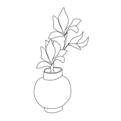 One line drawing.Branch of magnolia.line art vector drawing. Botanical print.Nature symbol of cosmetics. Modern continuous line art. Fashion print.