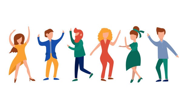 Dancing people. Happy men and women move to the music. Vector illustration in a flat abstract style