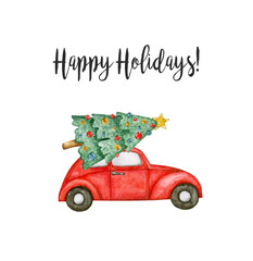 Watercolor illustration card happy holidays with red car and christmas tree. Isolated on white background. Hand drawn clipart. Perfect for card, postcard, tags, invitation, printing, wrapping.