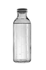 Glass medical bottle with a scale filled with saline solution for carrying out procedures and storing medicines. Isolated on a white background, close-up.