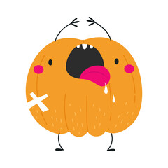 Cute Orange Pumpkin Character with Sticked Out Tongue Having Fun at Halloween Holiday Vector Illustration