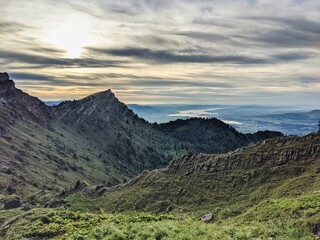 View from the Speer mountain peak in the toggenburch towards Federispitz and the Glarus Alps. Lake Zurich, Rapperswil