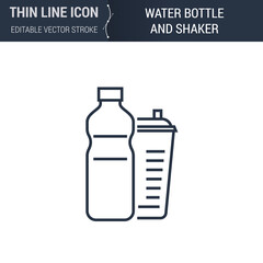 Symbol of Water Bottle And Shaker Thin Line Icon of Sport and Fitness. Stroke Pictogram Graphic Suitable for Infographics. Editable Vector Stroke. Premium Mono Linear Plain Laconic Logo