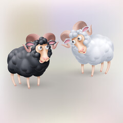 Two Funny Rams Black and White Colors. Cartoon Illustration of Pair Sheep. Perfect Template for Cover Book about Funny Animals