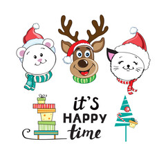 Merry Christmas head animals cat, polar bear, Christmas deer and lettering it`s happy time on a white background