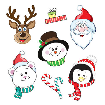 Merry Christmas head Santa Claus, penguin, polar bear, rudolph, snowman