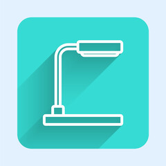 White line Table lamp icon isolated with long shadow. Green square button. Vector