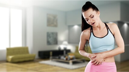 Naklejka na ściany i meble Stomach Ache. Sick Woman Suffering From Acute Abdominal Pain At Home,