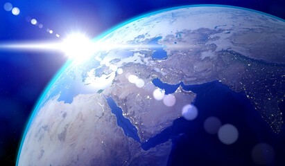 Earth, Middle East side - sun glare and city lights in Egypt, Israel, Saudi Arabia, Emirates, Yemen, Iraq, Iran. Elements of this image furnished by NASA - 3D illustration