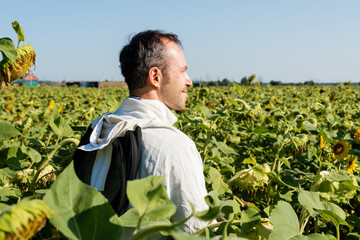 beekeeper in protective suit smiling while looking away in sunflowers field