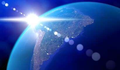Earth, South America side - sun glare and city lights in Brazil, Argentina, Paraguay, Uruguay, Chile. Elements of this image furnished by NASA - 3D illustration © PX Media