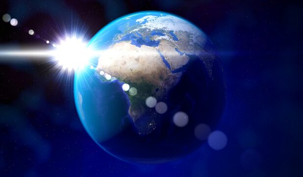 Earth - view from space at Europe and Africa, sun glare. Elements of this image furnished by NASA - 3D illustration