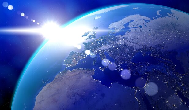 Earth, Europe and North Africa side - sun glare and city lights in Spain, Germany, France, United Kingdom, Poland, Russia, Italy, Israel. Elements of this image furnished by NASA - 3D illustration © PX Media