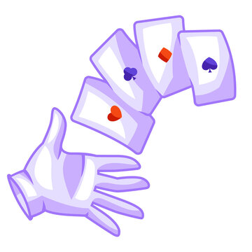 Magician hand in white glove with playing cards. Trick or magic illustration.