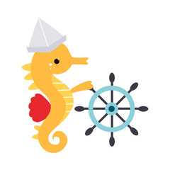 Cute Seahorse as Sea Animal in Hat Spinning Steering Wheel Vector Illustration