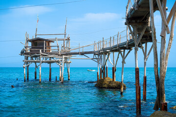 Trabocco Turchino in San Vito Chietino, Abruzzo. Trabucco a sort of Trebuchet, traditional wooden fishing house in southern Italy, on Costa dei Trabocchi (Coast Of the Trabocchi). UNESCO heritage