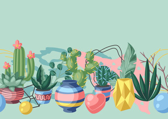 Seamless pattern with cactuses and succulents. Decorative spiky flowering cacti and plants in flowerpots.