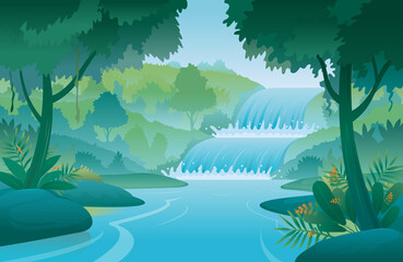 Plakat Waterfall and Forest Scenery Landscape Background
