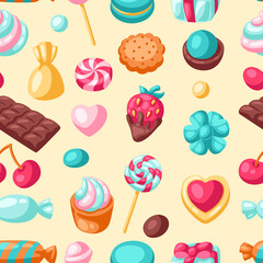 Seamless pattern various candies and sweets. Confectionery or bakery stylized illustration.