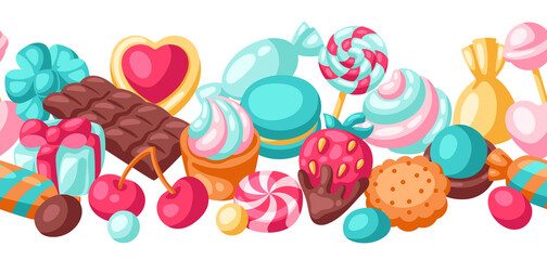 Seamless pattern various candies and sweets. Confectionery or bakery stylized illustration.
