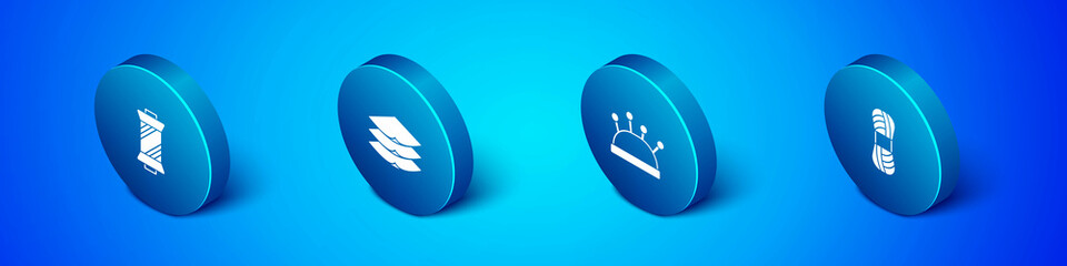 Set Isometric Sewing thread on spool, Needle bed and needles, Yarn and Layers clothing textile icon. Vector