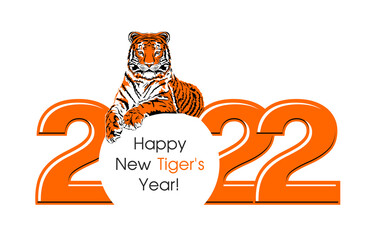 Happy new year 2022. Tiger lies on the number 2022. Template for poster, brochure, banner, invitation card. Vector illustration Isolated on transparent background.