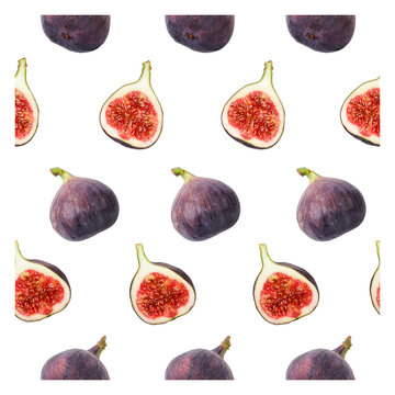 Figs Pattern, Whole And Half On A White Background Cut Out. Isolated