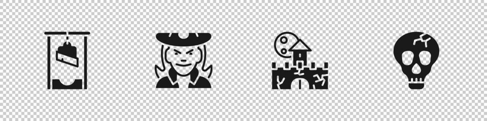 Set Guillotine, Witch, Castle, fortress and Skull icon. Vector