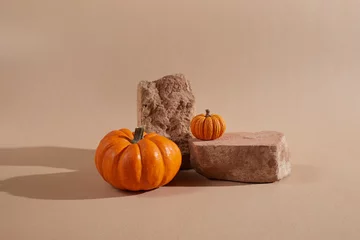 Foto op Plexiglas Halloween background podium display with pumpkins on biege background. Cosmetic, beauty product promotion autumn pedestal with shadows © vetre