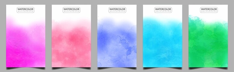 Bundle set of vertical business card template with bundle set of colorful blue vector watercolor elements. Watercolor set background in blue style. Colorful backdrop with copy space.
