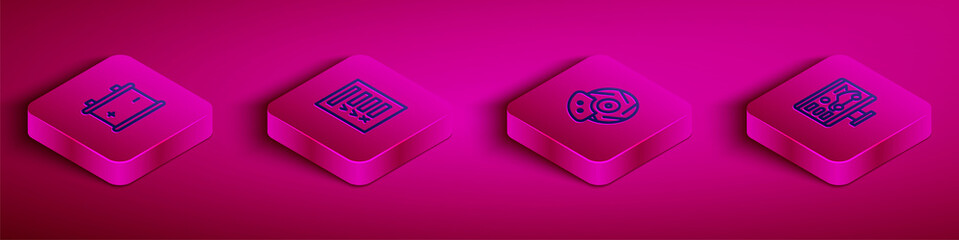 Fototapeta premium Set Isometric line Car battery, inspection, brake disk with caliper and Diagnostics condition of car icon. Vector