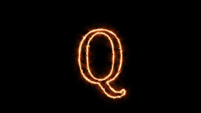 Letter Q fire. Animation on a black background the letter 4K video is burning in a flame.