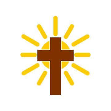 Christian cross with sun rays icon isolated on white background