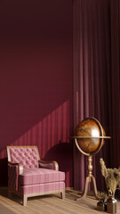 3d illustration of living room with red wall, pink armchair, brown globe, magenta curtains.