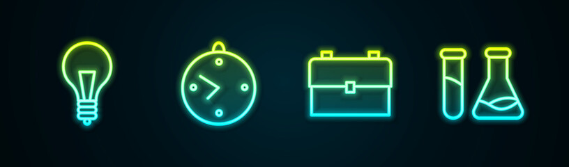 Set line Light bulb with concept of idea, Clock, School backpack and Test tube and flask. Glowing neon icon. Vector