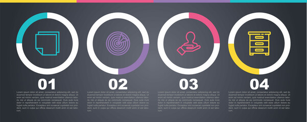 Set line Post note stickers, Target sport, Hand for search people and Drawer with documents. Business infographic template. Vector