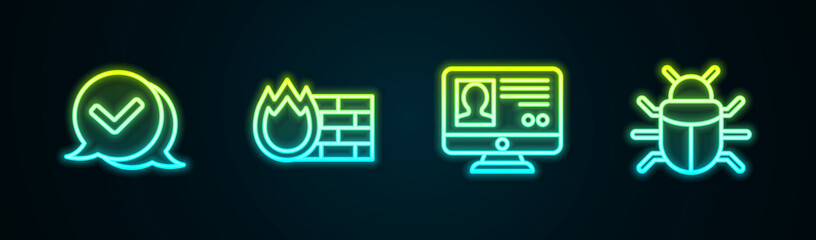 Set line Check mark in speech bubble, Firewall, security wall, Create account screen and System bug. Glowing neon icon. Vector